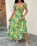 Vintage Floral Print V Neck Shirred Maxi Dress