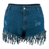 Plus Size Stylish Denim Tassel Shorts