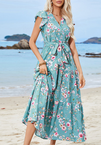Printed Floral Belted V-Neck Short Sleeve Bohemian Resort Beach Dress