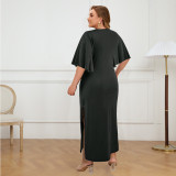 Plus Size Flutter Sleeve Tassel Slit Long Dress