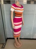 Round Neck Striped Knitting Short Sleeve Midi Dress
