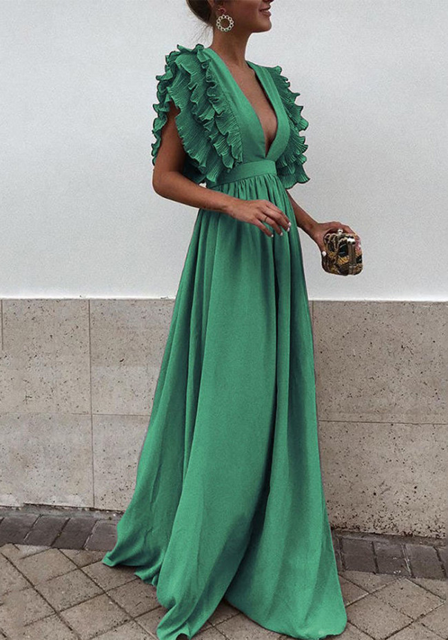 Sexy Plunge Neck Ruffle Sleeve Maxi Dress