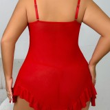 Plus Size Red Lace Mesh Cami Ruffle Nightgown Sexy Lingerie