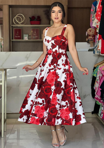 Red Rose Printed Chic Elegant Swing Dress