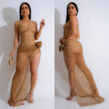Solid Irregular See Through Rhinestone Mesh Slit Slip Dress