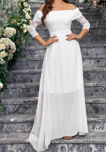 White Elegant Off Shoulder Lace Chiffon Half-Sleeve Wedding Bridesmaid Dress