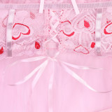 Heart Lace Mesh See-Through Lace Up Sexy Cami Nightgown 2PCS Lingerie set