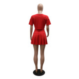 Round Neck Loose Printed Short Sleeve Crop Top +Pleated Skirt 2PCS Set