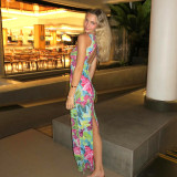Floral Print Sleeveless Lace-Up Open Back Maxi Dress