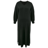 Plus Size Solid Long Sleeve V-Neck Slit Loose Maxi Dress