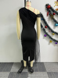 Black Mesh Splicing Slash Shoulder Bodycon Midi Dress