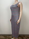 Plus Size Striped Sleeveless Bodycon Long Dress