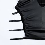 Black PU-Leather Studded Hollow Halter Backless Nightdress Sexy Lingerie