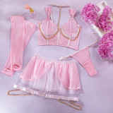 Sexy Lingerie Four Piece Set See-Through Mesh Skirt With Halter Neck Chain Gloves