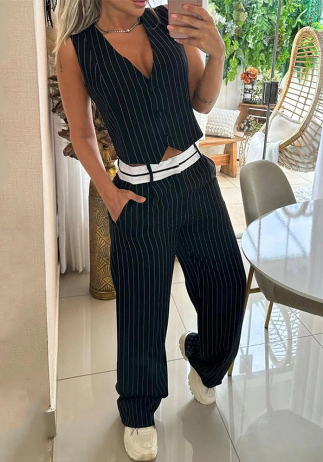Fashion Striped Vest Top Trousers Casual Two Piece Pants Set