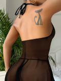 Sexy Lingerie Black Halter Lace Mesh Slit Nightdress