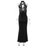 Black Sexy Plunge Neck Halter Low Back Satin Maxi Dress