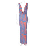 Sexy Plunge Neck Printed Sleeveless Maxi Dress