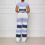 Sexy Gradient Short Sleeve Tie Top and Wide Leg Pants 2PCS Set