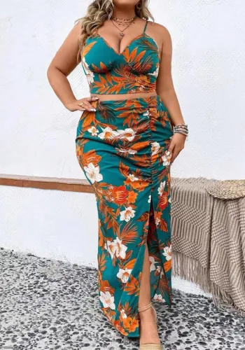 Plus Size Leaf Print V-neck Cami Crop Top + Pleated Slit Skirt 2PCS Set