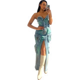 Sexy Strapless Tie-Dye Slit Cargo Denim Dress