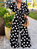 Plus Size Dot Print Puff Sleeve V-Neck Wide Leg Jumpsuit