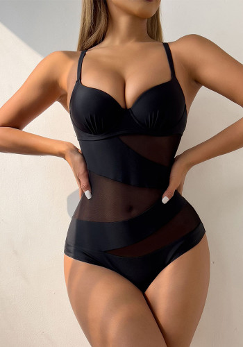 Solid Mesh Insert One Piece Sexy Swimsuit