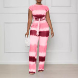 Sexy Gradient Short Sleeve Tie Top and Wide Leg Pants 2PCS Set