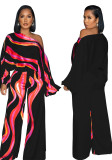 Trendy Print Slash Shoulder Long Sleeve Wide Leg Jumpsuit