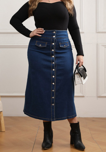 Plus Size Button Fake Pocket Long Denim Skirt