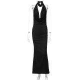 Black Sexy Plunge Neck Halter Low Back Satin Maxi Dress