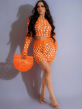 Crocheted Sequin Long-sleeve Top + Skirt Hollow Out Beachwear