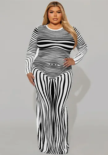 Plus Size Irregular Striped Printed Long Sleeve Slinky Maxi Dress