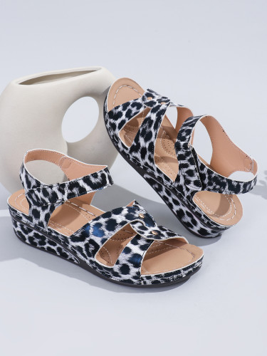 Casual  Leopard Print Strap Wedge Sandals Plus Size Shoes