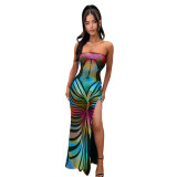 Sexy Printed Strapless Low Back Slit Lace-Up Maxi Dress