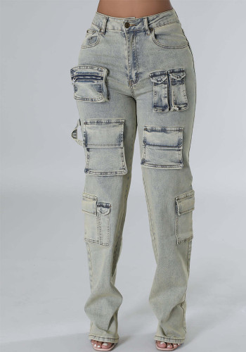 Washed Cargo Zipper Casual Stretchy Jeans Denim Pants