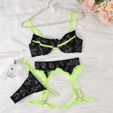 Print Contrast Lace Ruffle Sexy Three-Piece Lingerie Set