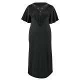 Plus Size Flutter Sleeve Tassel Slit Long Dress