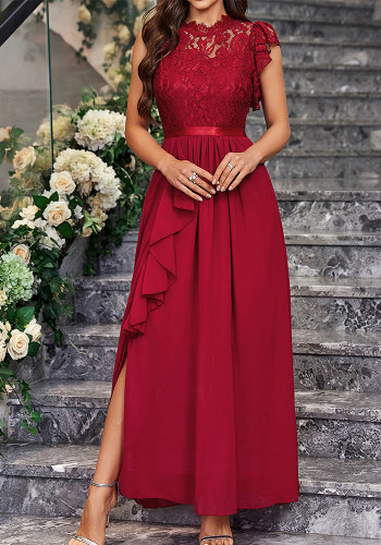 Sexy Lace Bodice Chiffon Round Neck Sleeveless Evening Dress