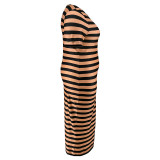 Plus Size Striped Print Short Sleeve Round Neck Bodycon Midi Dress