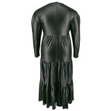 Plus Size PU Leather Long Sleeve Ruffle Maxi Dress