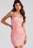 Pink Sequin Embellished Mini Party Dress