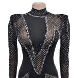 Sexy Solid Black Rhinestone Mesh Splicing Long Sleeve Jumpsuit