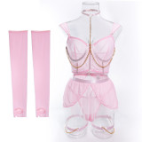 Sexy Lingerie Four Piece Set See-Through Mesh Skirt With Halter Neck Chain Gloves