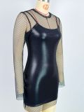 Fishnet Black Long-sleeve Cami Sexy Mini Bodycon Two Piece Dress