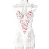 Sexy Lingerie Embroidered Flower Cami See Through One-Piece Bodysuit