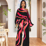 Trendy Print Slash Shoulder Long Sleeve Wide Leg Jumpsuit