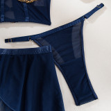 Sexy Lingerie Four Piece Set See-Through Mesh Skirt With Halter Neck Chain Gloves