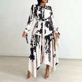Chic Print Turndown Collar Long Sleeve Belted Irregular Shirt Dress