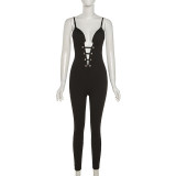 Hollow V Neck Black Low Back Sexy Jumpsuit